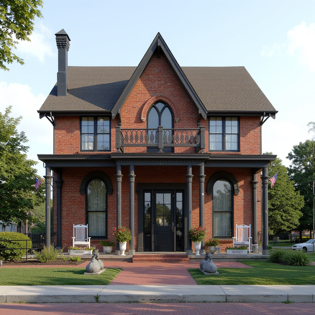 "Red brick with dark paint" style house
